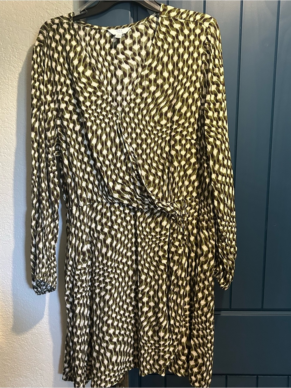 Time and Tru Olive Green and Cream Printed Wrap Midi Dress